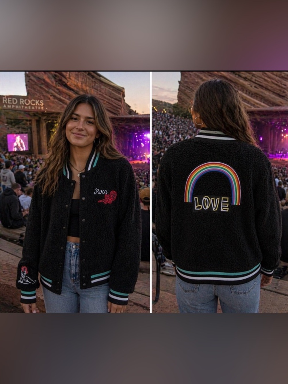 NWT RVCA Dream Team Bomber Jacket, black with rainbow, women’s size Medium.
